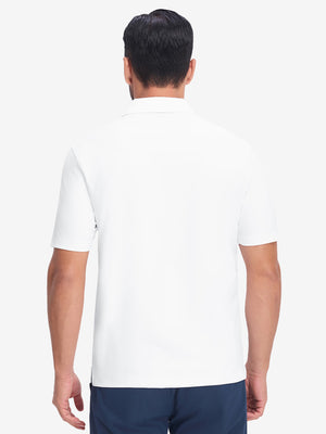 Back upper body shot of model wearing white dry fit waffle textured collared golf shirts