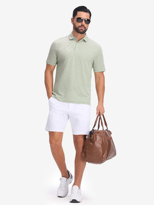 Front full body shot of model wearing moss green white comfy breathable pin-stripe texture golf polos