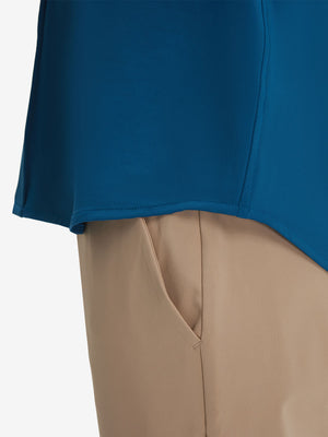 Detail view of hem on blue cool print plain button up shirts