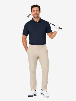 Front full body with golf club in navy of nylon blend casual jacquard polo shirts.
