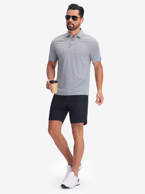 Front full body shot of model wearing navy white comfy breathable pin-stripe texture golf polos
