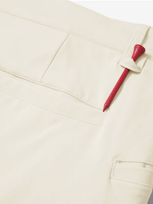 Waistband detail of soft lightweight casual golf pants with 5 pockets in khaki light, neat stitching.