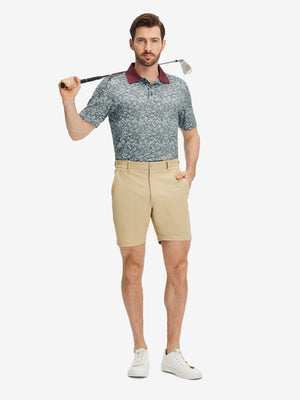 Front full body shot of model exercising in grey/wine camo premium ribbed collar print polo shirts