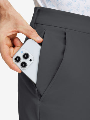 Detail view of double pockets on dark grey stretch cotton blend slim fit golf trousers 5 pockets
