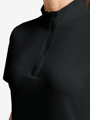 Detail view of neck zipper on black women's breathable 1/4 zip pullover golf shirts