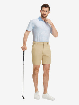 Front full body shot of model exercising in grey irregular shape premium ribbed collar print polo shirts