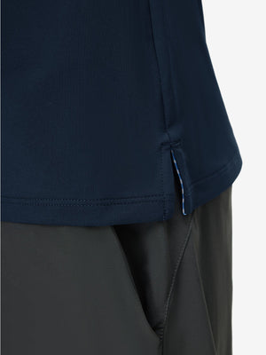 Detail view of hem on navy  women's athletic quarter zip tank tops