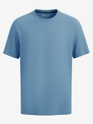 3d view of garment in light blue of men's short sleeve slim fit roma knit t-shirt.