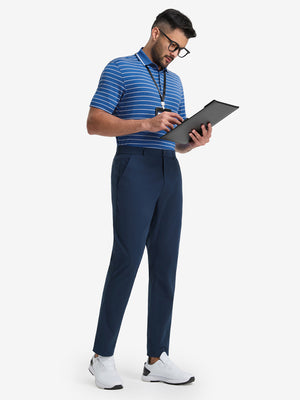 Front full body shot of model exercising in classic blue/airy blue non-curl ribbed collar striped polo shirts