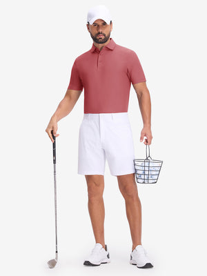 Front full body shot of model wearing brick red dry fit waffle textured collared golf shirts