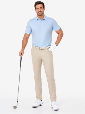 Front full body with golf club in light blue of nylon blend casual jacquard polo shirts.