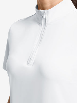 Detail view of neck zipper on white women's breathable 1/4 zip pullover golf shirts