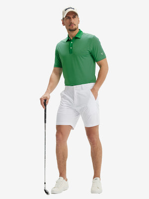Full front: model in green stripe upgraded two-tone striped quick dry polo shirt holding golf club.