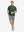 Full-body view of model holding takeaway drink cup in dark green cotton blend plain shirt.