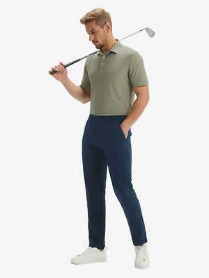 Front full body shot of model wearing birch grey grid performance reflective checked collar golf shirt