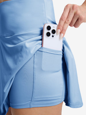 Detail view of inner pocket on light blue women's high waisted golf skirts with 4 inner pockets