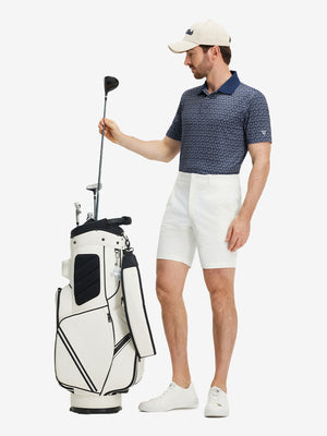 Front full body shot of model exercising in dark blue golf premium ribbed collar print polo shirts