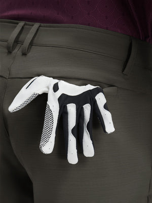 Detail view of back pocket on tea brown  flat front hybrid golf shorts