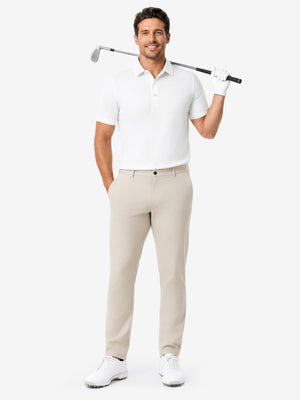 Front full body with golf club in white of nylon blend casual jacquard polo shirts.