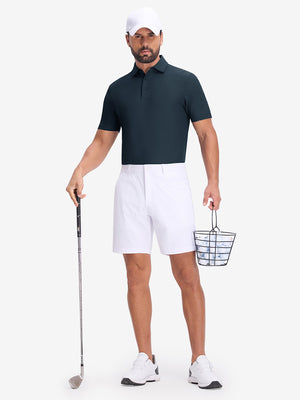 Front full body shot of model wearing navy dry fit waffle textured collared golf shirts