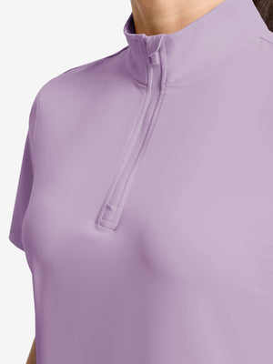 Detail view of neck zipper on pinkish purple women's breathable 1/4 zip pullover golf shirts