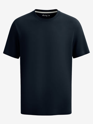 3d view of garment in navy of men's short sleeve slim fit roma knit t-shirt.