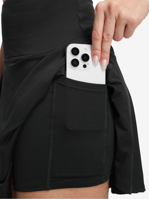 Detail view of inner pocket on black women's high waisted golf skirts with 4 inner pockets