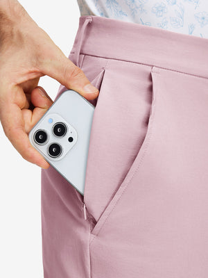 Detail view of double pockets on pink stretch cotton blend slim fit golf trousers 5 pockets