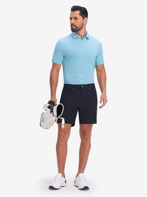 Front full body shot of model wearing blue white comfy breathable pin-stripe texture golf polos