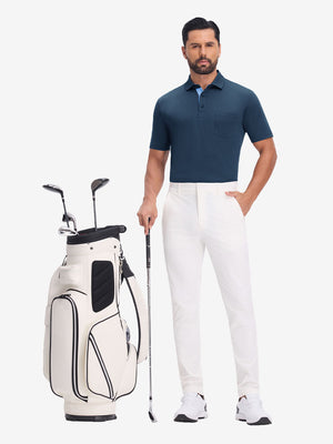Front full body with golf bag in dark blue heather of performance heather contrast collar polo shirts.