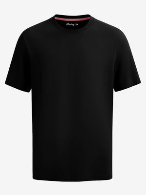 3d view of garment in black of men's short sleeve slim fit roma knit t-shirt.