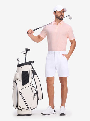 Front full body shot of model wearing light pink white comfy breathable pin-stripe texture golf polos