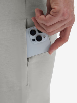 Detail view of side pocket on light gray straight fit lightweight dress golf pants