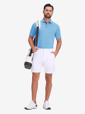 Front full body with golf bag in blue heather of performance heather contrast collar polo shirts.