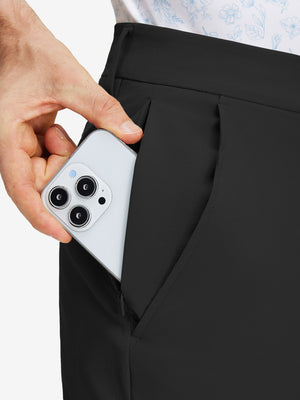 Detail view of double pockets on black stretch cotton blend slim fit golf trousers 5 pockets