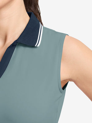 Detail view of armhole on dusty blue women's collared v neck quick dry tank tops