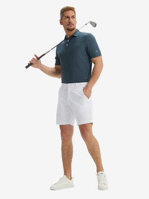 Front full body shot of model wearing dolphin grid performance reflective checked collar golf shirt