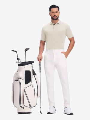 Front full body with golf bag in light khaki heather of performance heather contrast collar polo shirts.