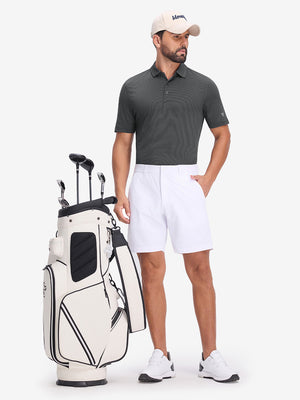 Front full body shot of model wearing light and dark grey comfy breathable pin-stripe texture golf polos
