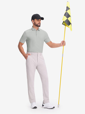 Front full body shot of model wearing silver grey dry fit waffle textured collared golf shirts