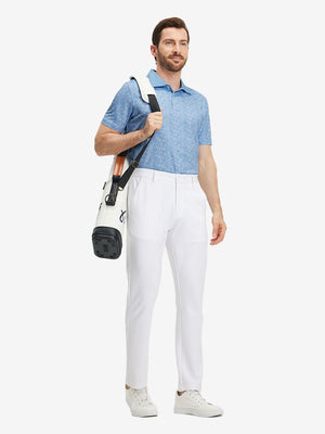Front full body shot of model exercising in blue white abstract maze premium ribbed collar print polo shirts