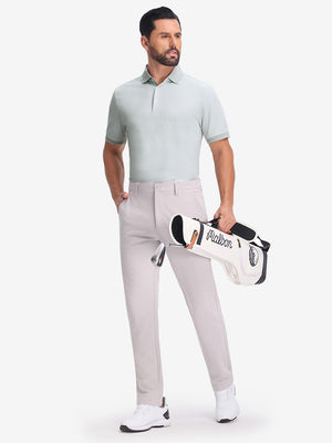 Front full body shot of model exercising in light grey moisture wicking jacquard golf shirts