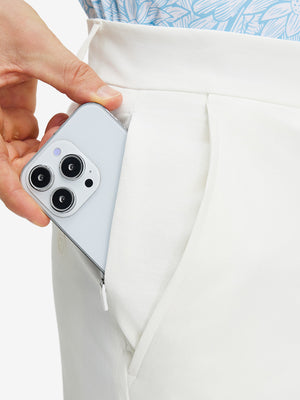 Detail view of double pockets on white stretch cotton blend slim fit golf trousers 5 pockets