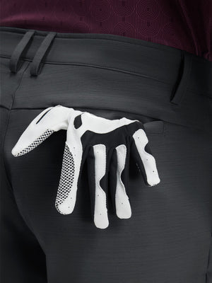 Detail view of back pocket on iron grey  flat front hybrid golf short