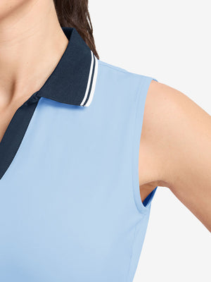 Detail view of armhole on light blue women's collared v neck quick dry tank tops
