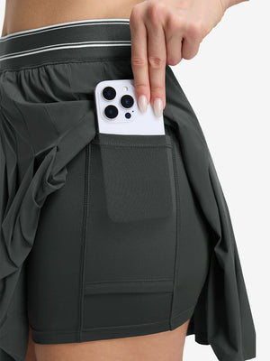 Detail view of inner pocket on dark grey women's moisture-wicking athletic tennis skirts