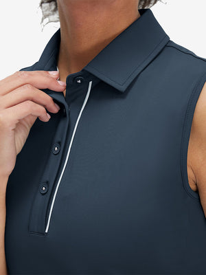 Detail view of cuff on navy women's 4 buttons golf polo shirts