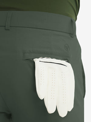 Rear view showing back pockets of grey green stretch quick dry casual golf pants with 4 pockets
