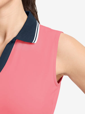 Detail view of armhole on pink women's collared v neck quick dry tank tops