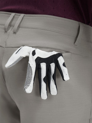Detail view of stretch fabric on light gray flat front hybrid golf shorts
